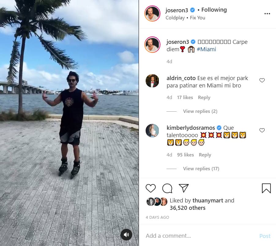 El 20 de noviembre el protagonista de Te Doy La Vida publicó un video en Instagram donde muestra sus habilidades patinando y agregó el texto "Carpe diem. Miami" (Vive el momento. Miami).
<br>