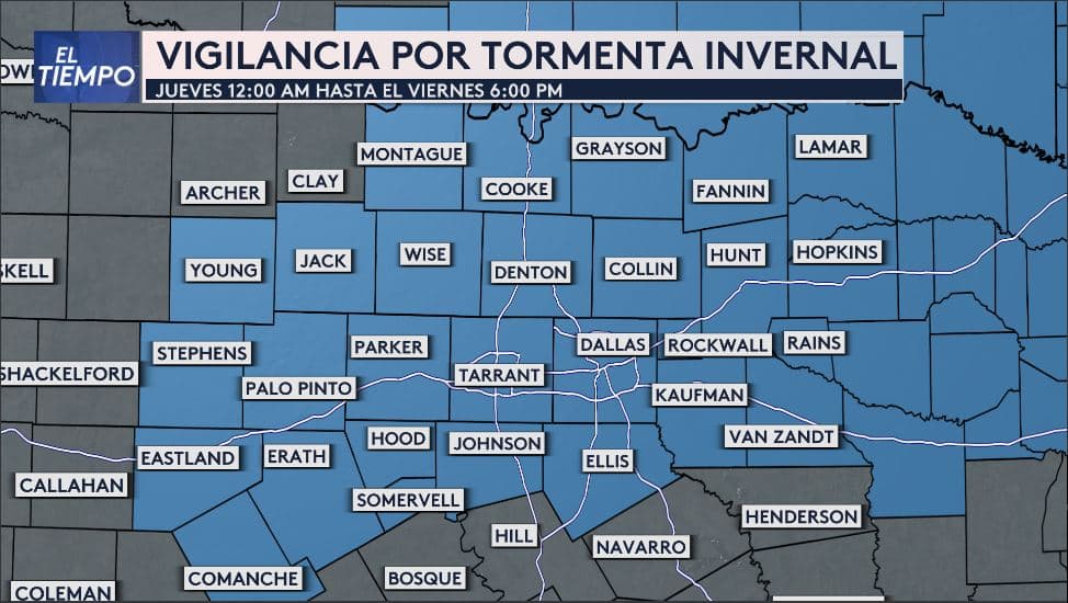 Las autoridades emitieron una vigilancia por tormenta invernal, que estará vigente desde las 12 a.m. del jueves hasta las 6 p.m. del viernes, para prácticamente todo el norte de Texas, incluyendo Dallas y Fort Worth.
