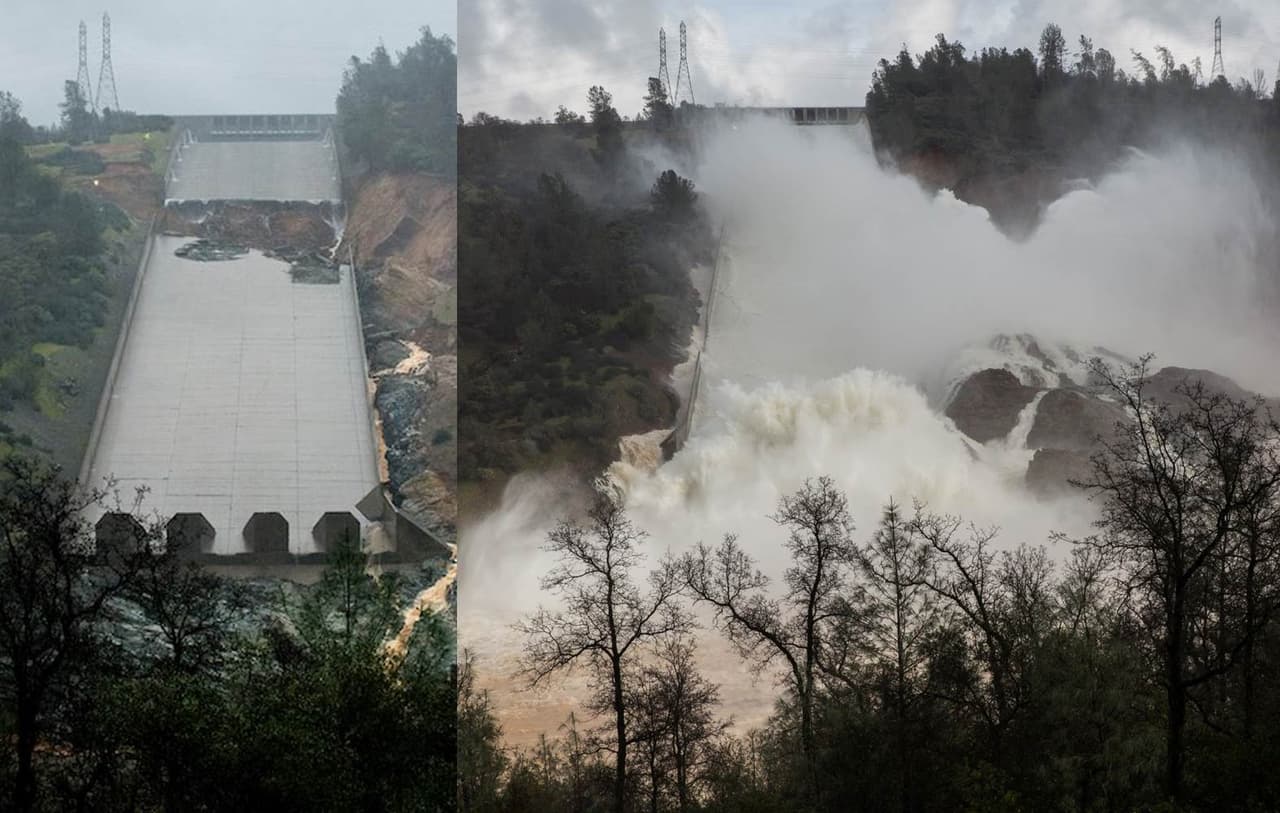 La zanja creada por las lluvias torrenciales en la rampa principal de la presa Oroville (i). A la derecha, esa misma rampa mientras libera miles de pies cúblicos de agua para evitar que el embalse rebose.