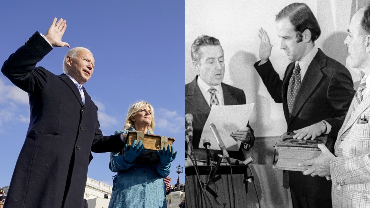 <b>La biblia del siglo XIX con la que juró Biden.</b> El presidente Joe Biden prestó juramento sobre una Biblia que pertenece a su familia desde 1893. La ha usado cada vez que ha prestado juramento para sus cargos públicos, incluso durante su primera toma de posesión en el Senado en 1973 (a la derecha en la foto). 
<a href="https://www.univision.com/noticias/elecciones-en-eeuu-2020/inauguracion-2021-biden-live"><u>Siga aquí nuestra cobertura de la ceremonia inaugural de Biden</u></a>
<br>
