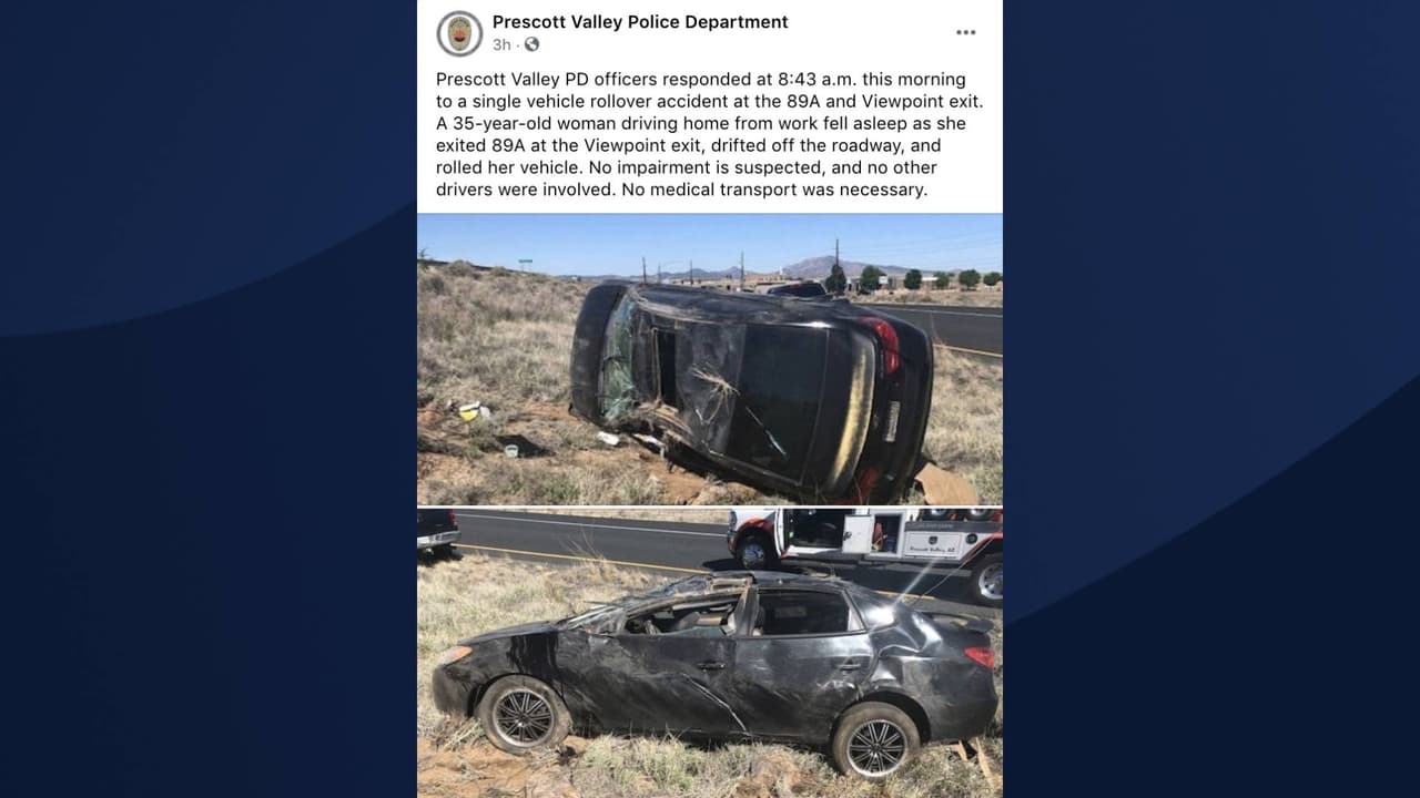 La policía de Prescott informa que la mujer se salió de la carretera y volcó su auto. “No se sospecha ningún impedimento y no hubo otros conductores involucrados. No fue necesario ningún transporte médico”, reiteran las autoridades en su publicación de Facebook. 
<br>