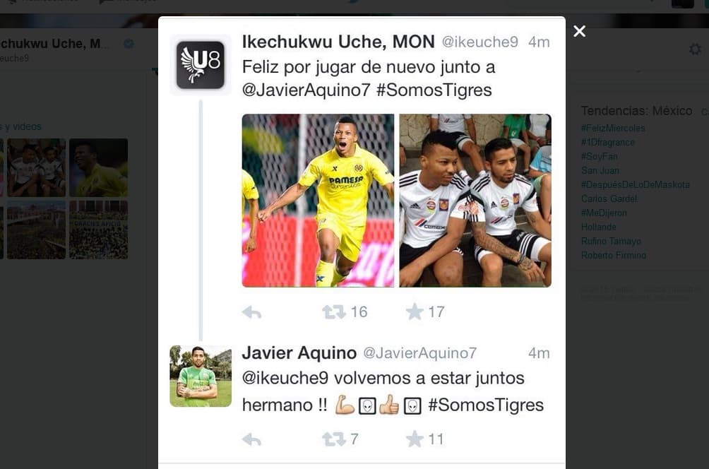 Aquino y Uche se elogian en Twitter
