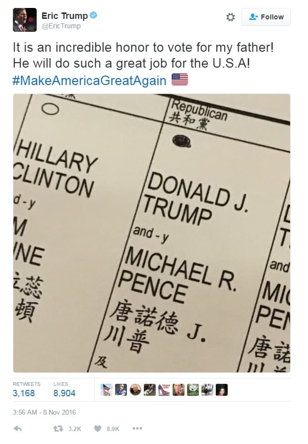 Eric Trump sube una foto del voto por su papá y la borra cuando Twitter le recuerda que es ilegal