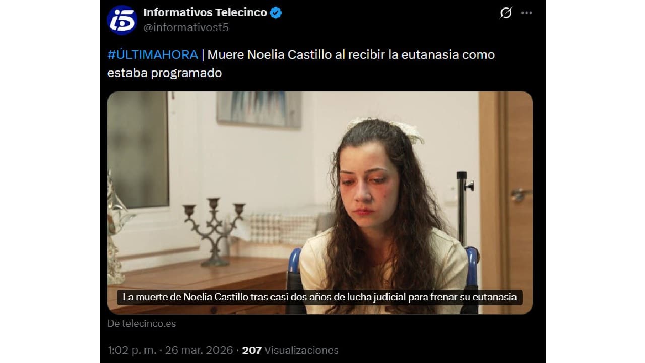 Telecinco confirmó la muerte de Noelia Castillo Ramos.