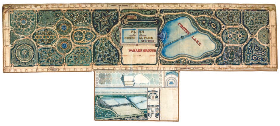 El ingeniero de parques John Rink presentó esto en el concurso de 1858 para diseñar el plano de Central Park. Su idea "se asemejaba a los jardines de Versalles más que a los bucólicos paisajes ingleses que predominaban en la mayoría de las inscripciones, con sus "apretados arreglos de coloridas glorietas y claros" formando sus propias formas orgánicas.