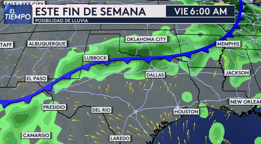 El viernes, 
<b>las posibilidades de lluvia se concentran en las primeras horas del día</b>, siendo de intensidad ligera a moderada en la mayor parte del Metroplex.