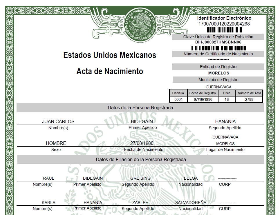 Acta de nacimiento mexicana de Juan Carlos Bidegaín