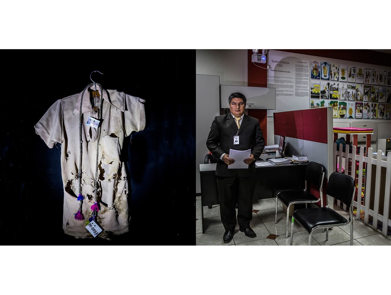 <b>DEFENDER.</b> Attorney Richard Almonacid Zamudio is one of three legal advocates working on human rights cases in Ayacucho. Next to him is a tattered shirt belonging to one of the disappeared, in ANFASEP’s Historical Memory Museum.
<br>
