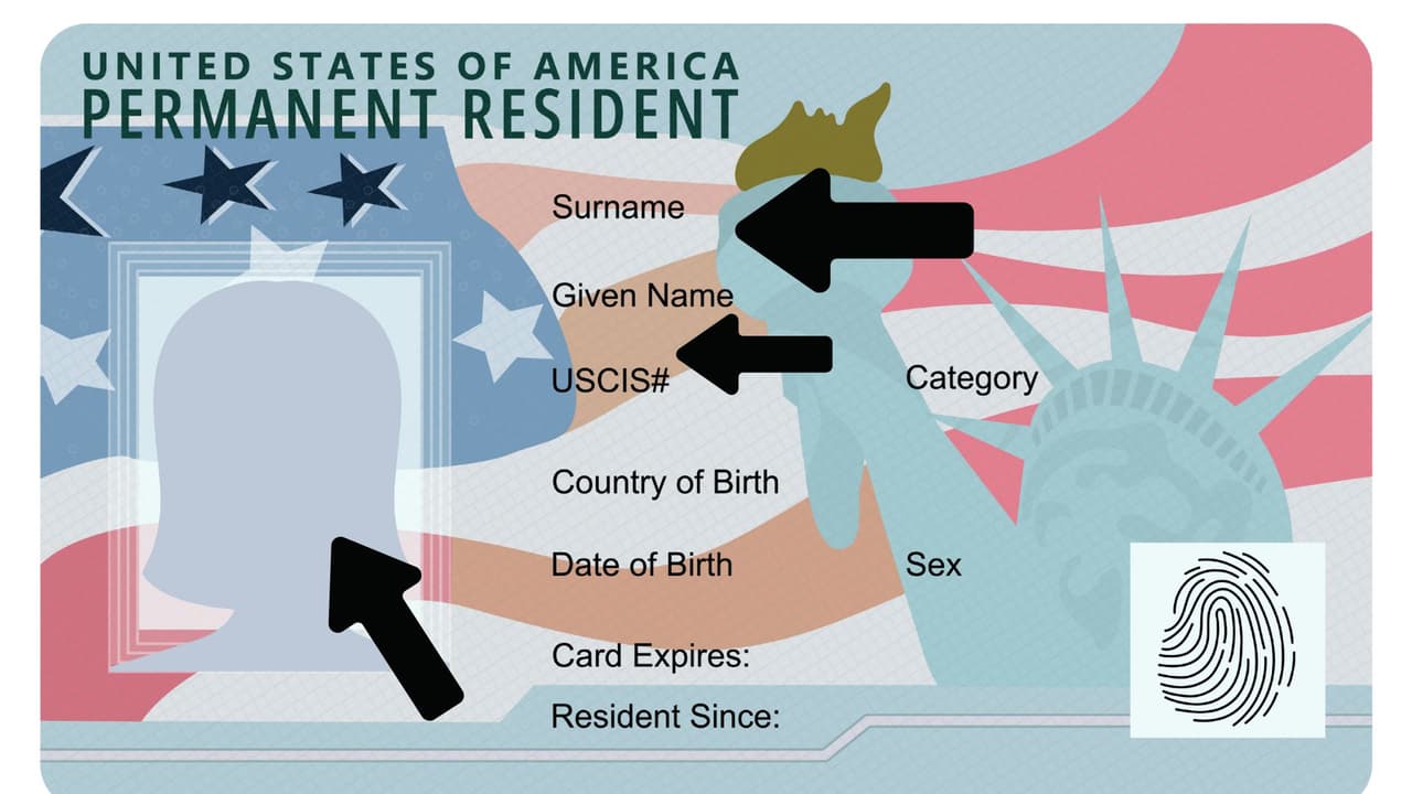 <h3 class="cms-H3-H3">La Green Card (Tarjeta de Residencia Permanente) </h3>
<br>La green card es 
<b>el documento que prueba que eres residente permanente legal.</b>
<br>Mide como una licencia de conducir y tiene elementos de alta seguridad. 
<br>
<br>
<h3 class="cms-H3-H3">Frente de la tarjeta </h3>
<br>
<b>Fotografía: </b>Verifican que tu rostro coincida con tu apariencia actual. Cambios drásticos (cirugías, barba, pérdida de peso extrema) pueden generar preguntas o exigir renovación. 
<br>
<b>Nombre completo:</b> Debe coincidir con tu pasaporte y demás documentos oficiales. 
<br>
<b>Número de USCIS o A-Number:</b> Un número de 7 a 9 dígitos que es tu registro único como extranjero. Sirve para encontrar tu expediente migratorio.