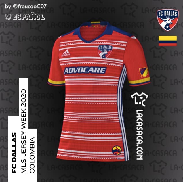 <b>FC Dallas = Selección de Colombia</b>
<br>Colombia y su fútbol han tenido un papel muy importante en la historia de FC Dallas. Como jugador y entrenador Óscar Pareja ha dado al cuadro texano señas de identidad bien identificables. Los trazos del sombrero 'llanero' y las bandas tejidas que habitualmente lo adornan son reconocibles en este diseño.