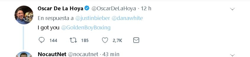Sin embargo, el reto de Bieber sí tuvo otras respuestas. Por ejemplo, el exboxeador y empresario
<b><a href="https://www.univision.com/deportes/boxeo/oscar-de-la-hoya-saul-canelo-alvarez-es-el-mejor-boxeador-de-los-pesos-medianos-video"> Óscar de la Hoya</a></b> se ofreció a promover la pelea: "Te tengo en Golden Boy Boxing" (su empresa organizadora de peleas de box).
