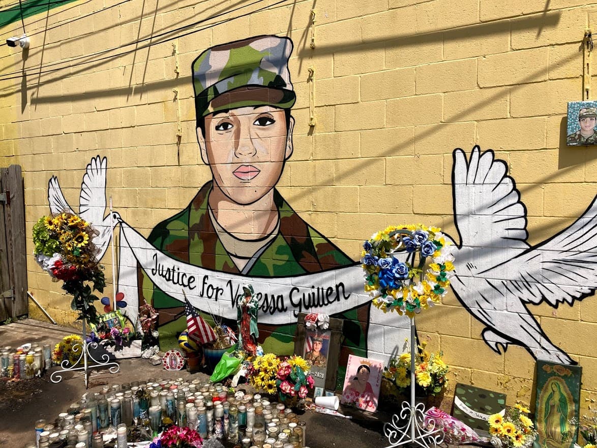 A mural depicting a silhouette of Vanessa Guillen in Army uniform and the words "Justice for Vanessa Guillen" at Taqueria Del Sol near the family's Houston home, painted by artists Donkee Boy and Donkee Mom.