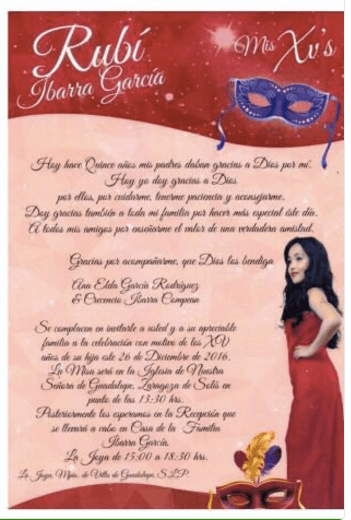 Esta es la invitación oficial a la fiesta de 15 años de Rubí Ibarra García.