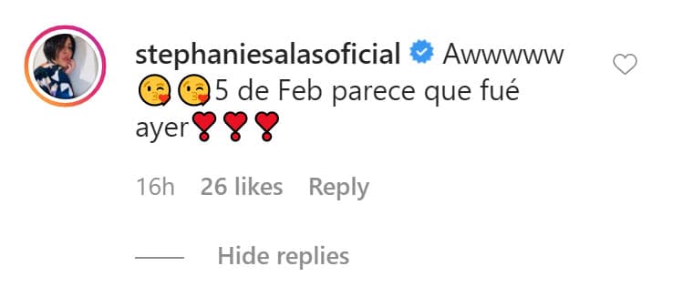 La foto provocó la respuesta de 
<b><a href="https://www.univision.com/famosos/stephanie-salas-dice-que-por-salud-mental-no-sigue-el-pleito-entre-alejandra-guzman-y-frida-sofia-fotos" target="_blank">Stephanie Salas</a></b>, quien escribió: "Awwwww, 5 de febrero, parece que fue ayer", comentó en referencia a la fecha en que fue tomada la imagen. 
<br>
