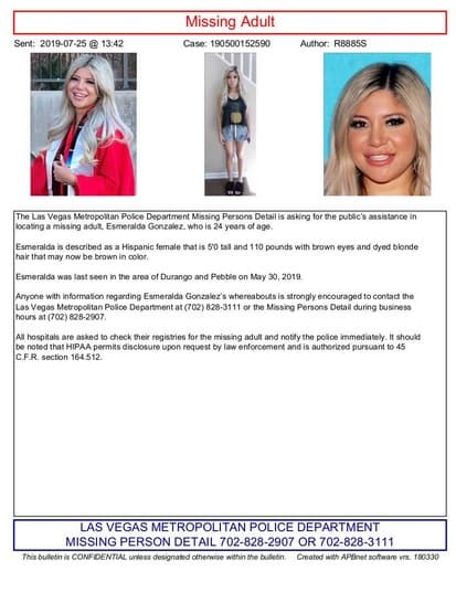 El hermano de González 
<b><a href="https://twitter.com/LVMPD/status/1156594701991993345/photo/2" target="_blank">denunció su desaparición</a></b> el pasado 31 de mayo después que no la había visto en una semana. Dijo que encontró las luces encendidas dentro de su casa y la puerta delantera abierta.