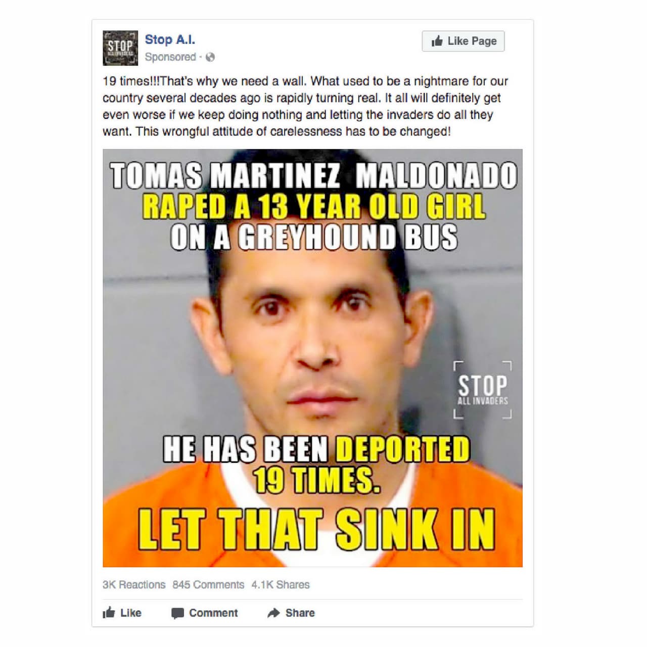 <b>Anuncio 3260.</b> “¡19 veces! Es por eso que necesitamos un muro. Lo que era una pesadilla para nuestro país hace varias décadas se está convirtiendo rápidamente en algo real. Todo definitivamente será aún peor si seguimos sin hacer nada y dejando que los invasores hagan todo lo que quieran. ¡Esta actitud errónea y descuidada tiene que ser cambiada!”.
<br>
<b>Costo:</b> 200 rublos (3.21 dólares).