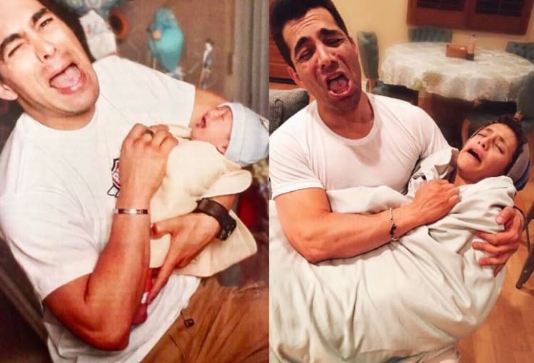 Omar Chaparro es el más divertido con sus hijos, aquí con Rafael, recreando una foto del pasado.