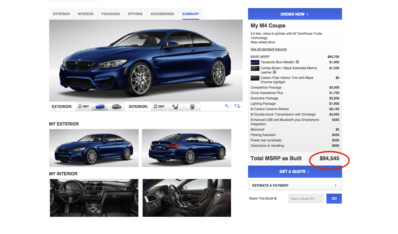 Configuramos un BMW M4 2016 con Competition Package y todas las opciones disponibles por $95, 545