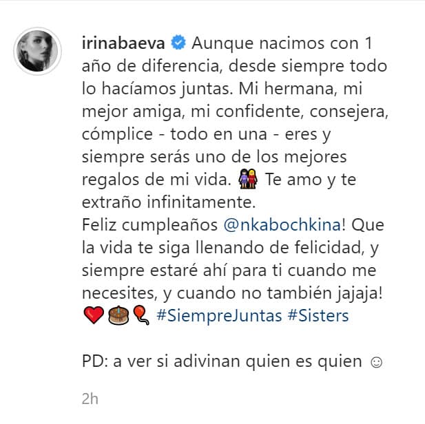 "¡Feliz cumpleaños Nina Kábochkina! ¡Que la vida te siga llenando de felicidad, y siempre estaré ahí para ti cuando me necesites, y cuando no también ja ja ja!". 
<br>