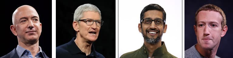 Jeff Bezos, director ejecutivo de Amazon; Tim Cook, director ejecutivo de Apple; Sundar Pichai, director ejecutivo de Google y Mark Zuckerberg, director ejecutivo de Facebook. Sus respectivas compañías son acusadas de involucrarse en tácticas anticompetitivas de estilo monopolista.