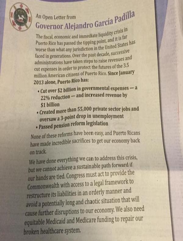 Gobernador de PR pide ayuda del Congreso para lidiar con la crisis fiscal