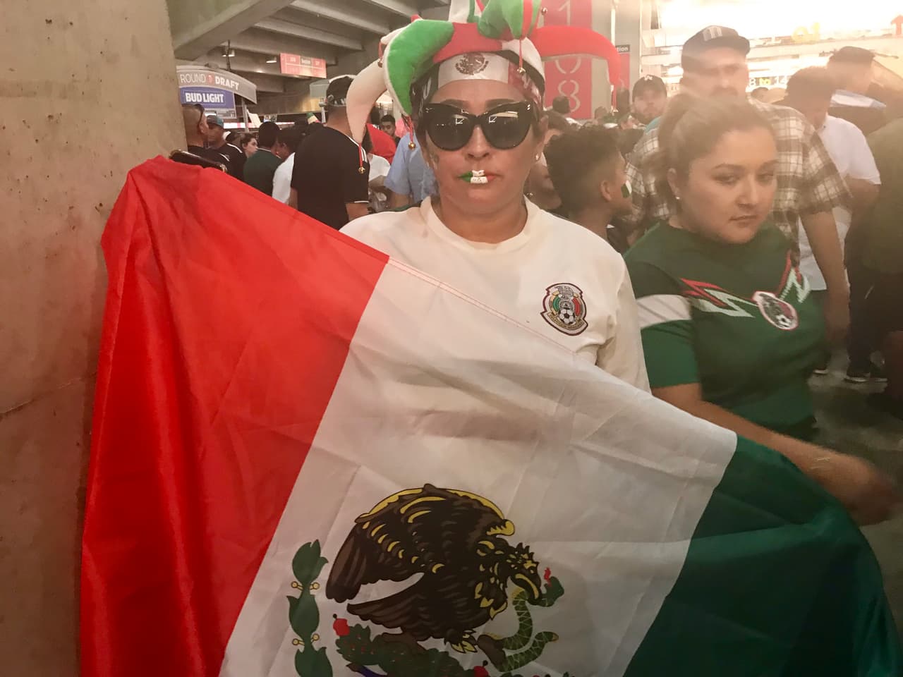Con una peluca, bandera y maquillaje esta fanática vino apoyar su selección.