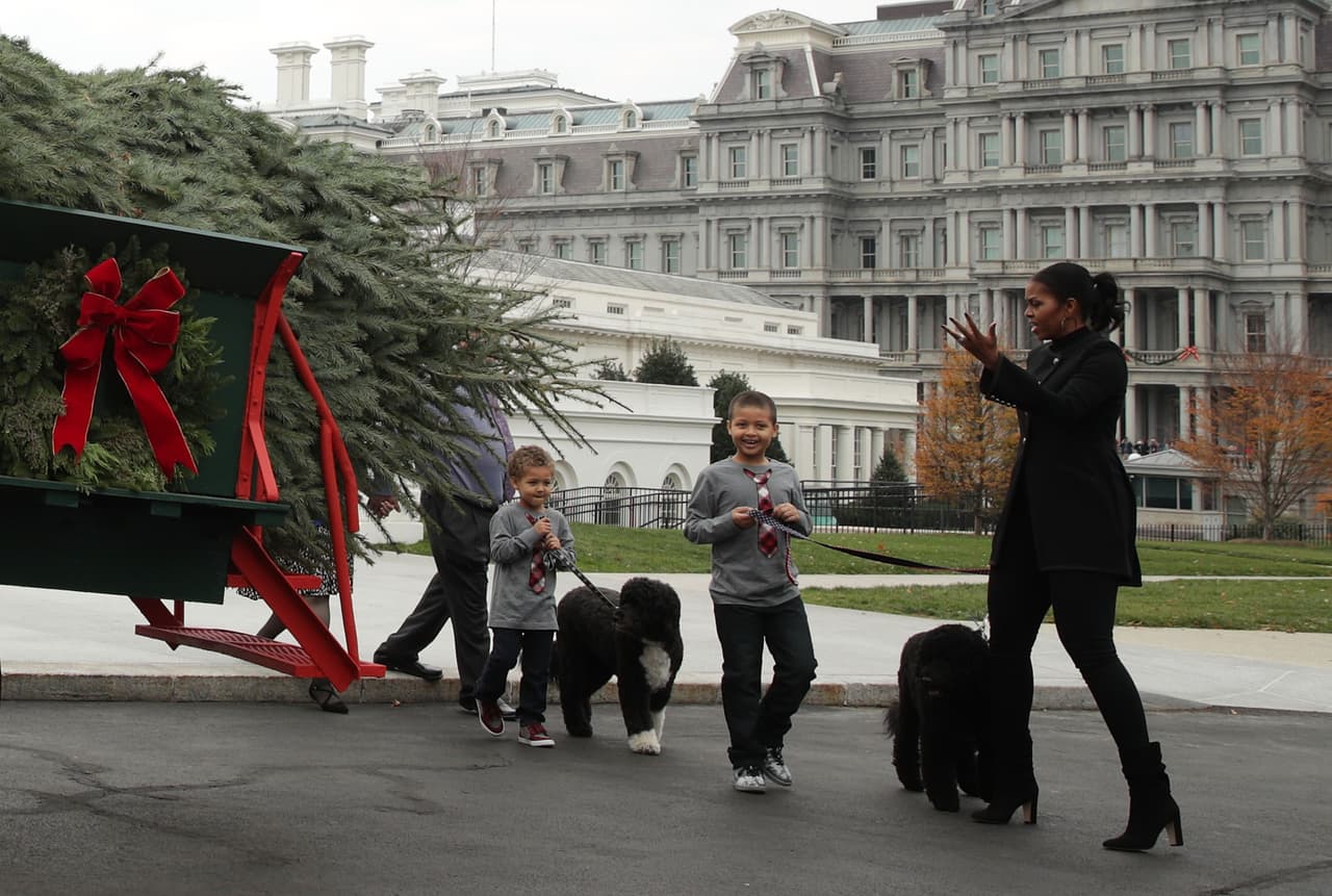 Hace unos días, el 25 de noviembre, Michelle Obama recibió el árbol principal que se ha utilizado este año. La acompañaron sus dos sobrinos, que también estuvieron en la ceremonia de perdón del pavo.