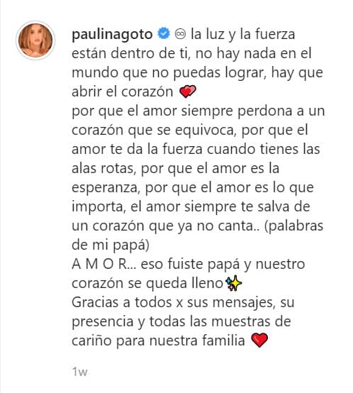 En el mensaje de despedida que le dedicó, la protagonista de 
<b><a href="https://www.univision.com/shows/vencer-el-miedo" target="_blank">Vencer el Miedo</a></b> escribió: "Porque el amor es la esperanza, porque el amor es lo que importa, el amor siempre te salva de un corazón que ya no canta. Amor, eso fuiste, papá, y nuestro corazón se queda lleno".
<br>