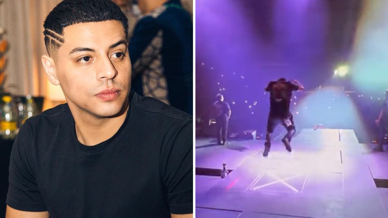 Eduin Caz por poco sufre una aparatosa caída en el escenario: se llevó tremendo susto