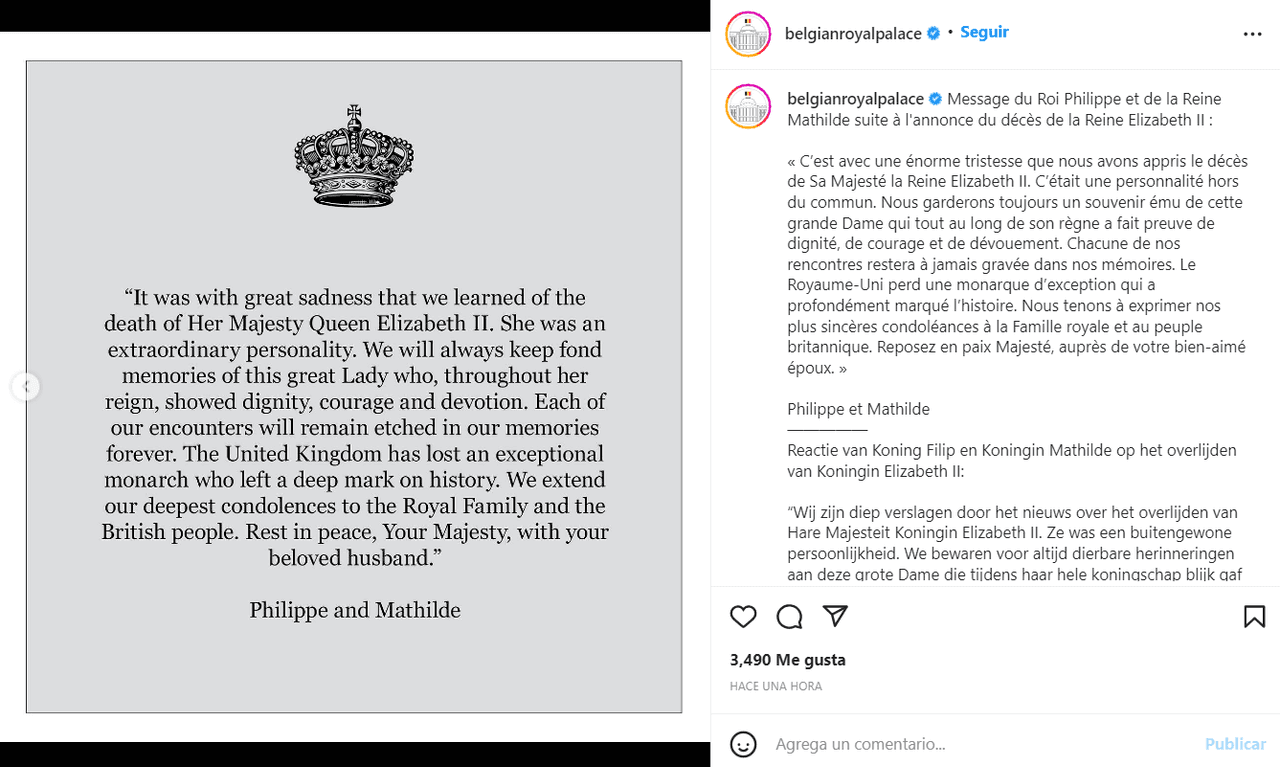 La corona belga envió sus condolencias a la familia real británica.