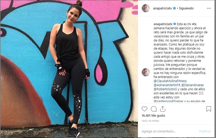 Esta semana publicó que lleva cuatro semanas entrenando y que ahora el reto ha aumentado. Enseguida explica la razón: “Esta es mi cuarta semana haciendo ejercicio y ahora el reto será más grande, ya que salgo de vacaciones con mi familia en un par de días, no quiero perder lo que he avanzado”.
<br>
