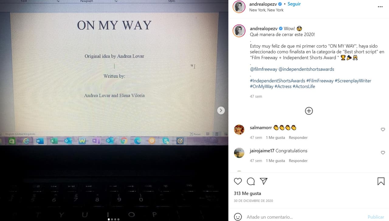 De hecho, en diciembre de 2020 mostró vía Instagram que había trabajado en su primer cortometraje.
<br>"¡Wow!, ¡Qué manera de cerrar este 2020! Estoy muy feliz de que mi primer corto 'On my way', haya sido seleccionado como finalista en la categoría de Best Short Script en el Film Freeway + Independent Shorts Award".