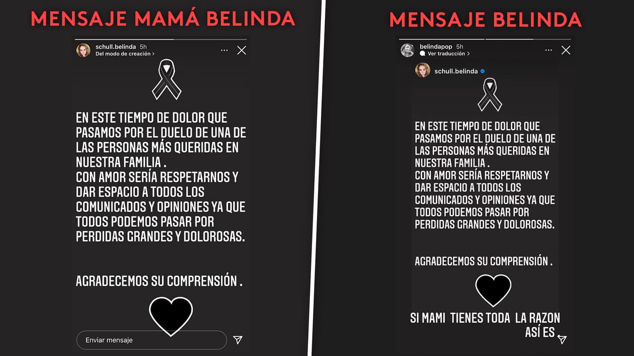 Solo replicó este mensaje que hizo su mamá, doña Belinda Schüll, en el que escribió que 
<b>"amor sería respetarnos" </b>en medio del "dolor" que atraviesan por el primer aniversario luctuoso de Juana Moreno, la abuela de la cantante: : "Sí mami, tienes toda la razón. Así es", dijo la cantante.