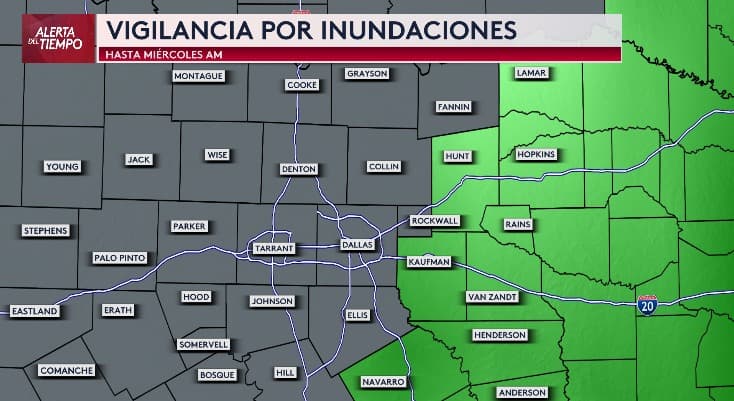 Este martes, también hay
<b>una vigilancia por inundaciones</b> debido a la posibilidad de tormentas
<b>al este del Metroplex</b>, incluyendo las áreas de
<b>Rockwall, Kaufman y Hunt</b>.