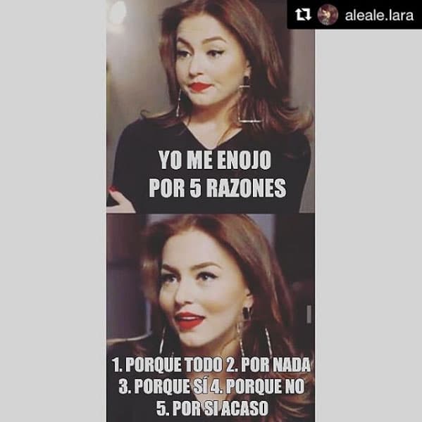"Yo me enojo por 5 razones: 1.Porque todo 2.Por nada 3.Porque sí 4.Porque No 5.Por si acaso".