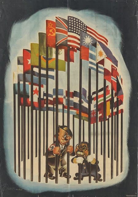 Esta caricatura muestra a Hitler y al emperador Hiroito derrotados y rodeados por las banderas de los Aliados.