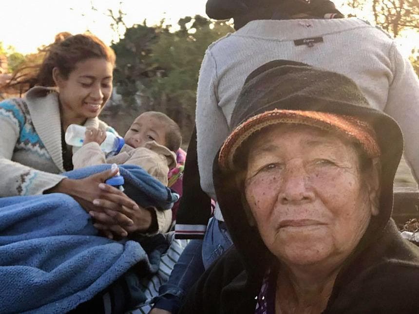 Three generations of migrants crossing Mexico on the freight train known as 'The Beast'; a grandmother, mother and grandchild, all fleeing violence and death threats in Central America to seek asylum in the United States. April 2018.