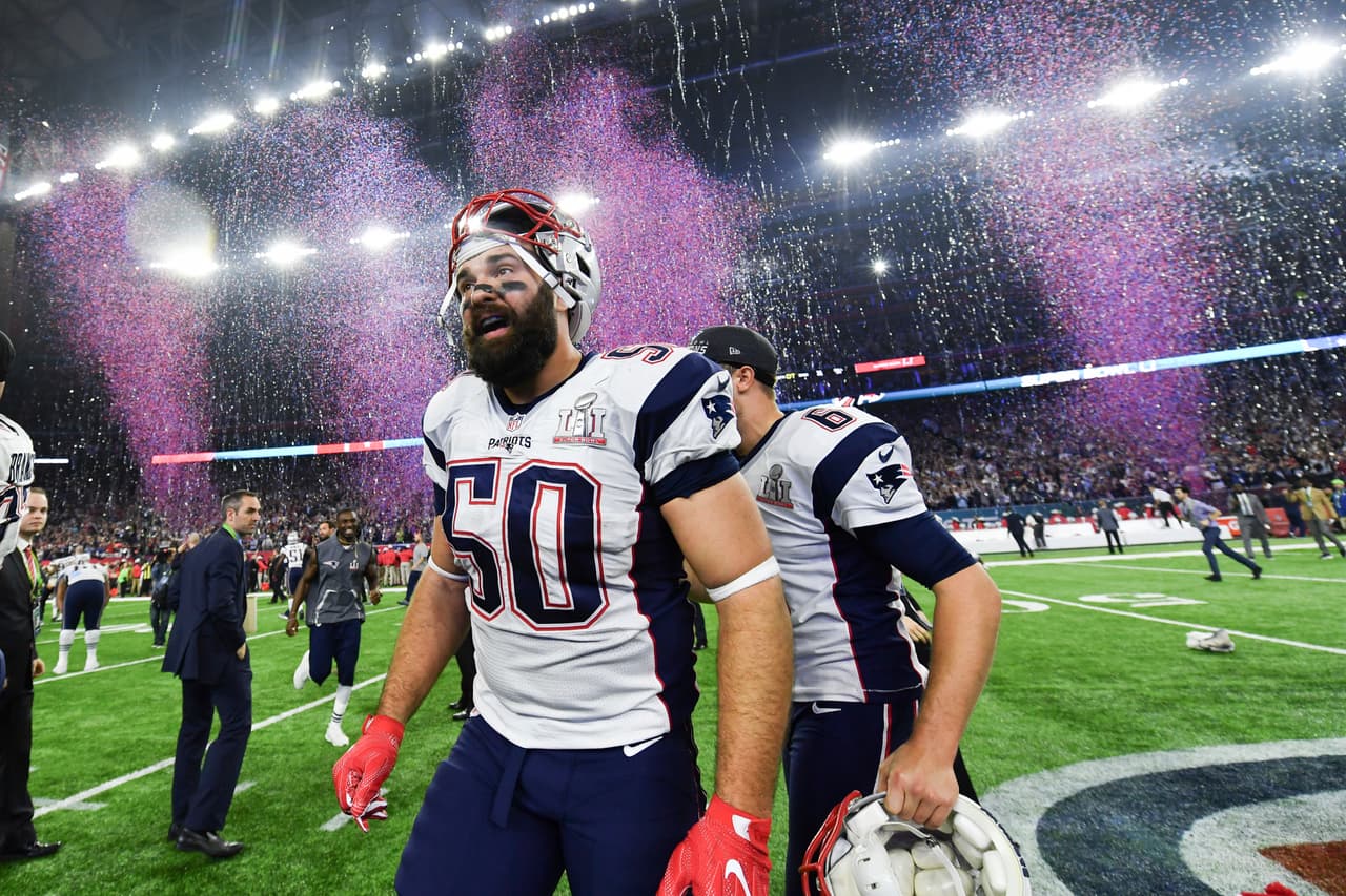 New England Patriots linebacker Rob Ninkovich (#46) celebrates during the post game ceremony for Super Bowl LI after they defeated the Atlanta Falcons 34-28 in overtime held at the NRG Stadium on February 5, 2017 in Houston, TX. (Photo by Anthony Behar) *** Please Use Credit from Credit Field ***(Sipa via AP Images)