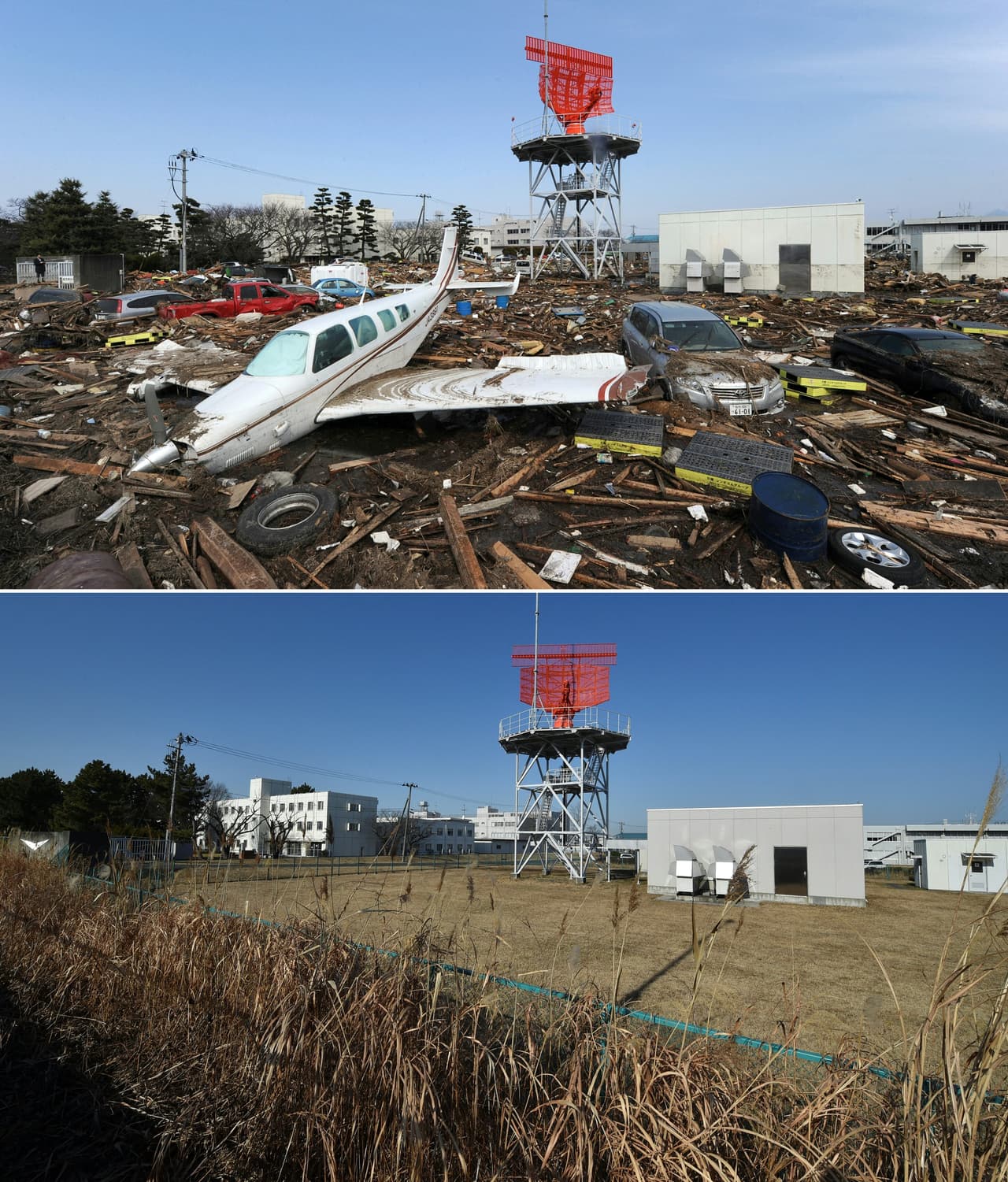 Natori, prefectura Miyagi. 13 de marzo de 2011 y 26 de enero de 2021.