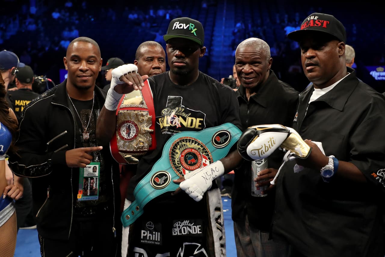 LAS VEGAS, NV - AUGUST 26: Andrew Tabiti celebrates after his cruiserweight bout win against Steve Cunningham on August 26, 2017 at T-Mobile Arena in Las Vegas, Nevada. (Photo by Christian Petersen/Getty Images)