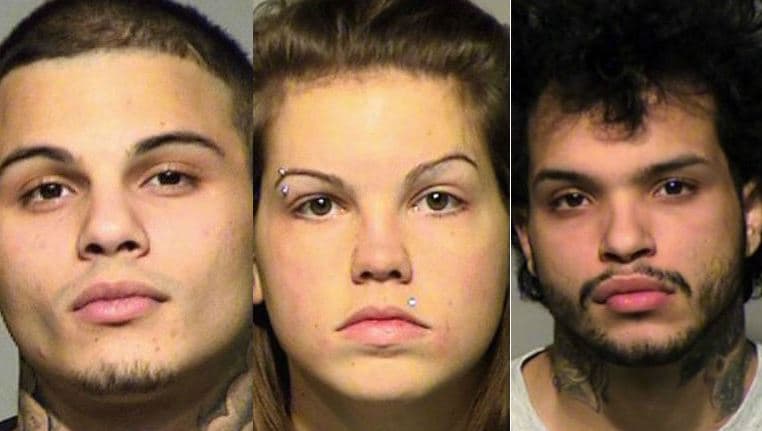 Devin Katzfey (i), Sarah Zakzesky (c) y Branden Katzfey (d), presuntos asesinos de Delvin Mendoza-Chaparro