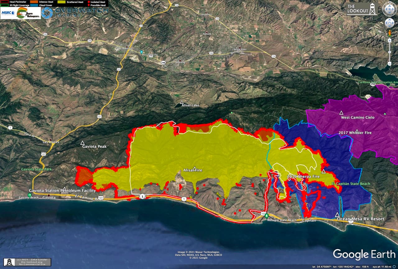 Zeke Lunder analista de incendios forestales en 
<a href="https://the-lookout.org/2021/10/14/alisal-fire-10-14-2021/" target="_blank">Firestorm </a>compartió en su página de Twitter el avance de las llamas del incendio Alisal, detallado que el incendio se "extendió a 2,5 millas al oeste y 1,25 millas al sureste en 24 horas, según mapas basados en sobrevuelos infrarrojos capturados a las 9:30 pm, 13/10/2021".