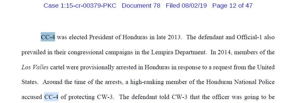 The court document identifies CC-4 as having been elected President of Honduras in late 2013.