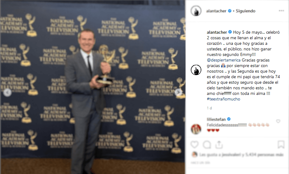 “Hoy, 5 de mayo, celebro 2 cosas que me llenan el alma y el corazón. Una es que hoy, gracias a ustedes, el público, nos hizo ganar nuestro segundo Emmy. Gracias, gracias, gracias por siempre estar con nosotros, y la segunda es que hoy es el cumple de mi papi, que tendría 74 años y que estoy seguro que desde el cielo también nos mandó esto. Te amo 'chief', con toda mi alma”, expresó Alan al pie de la fotografía donde posó con la estatuilla.
<br>