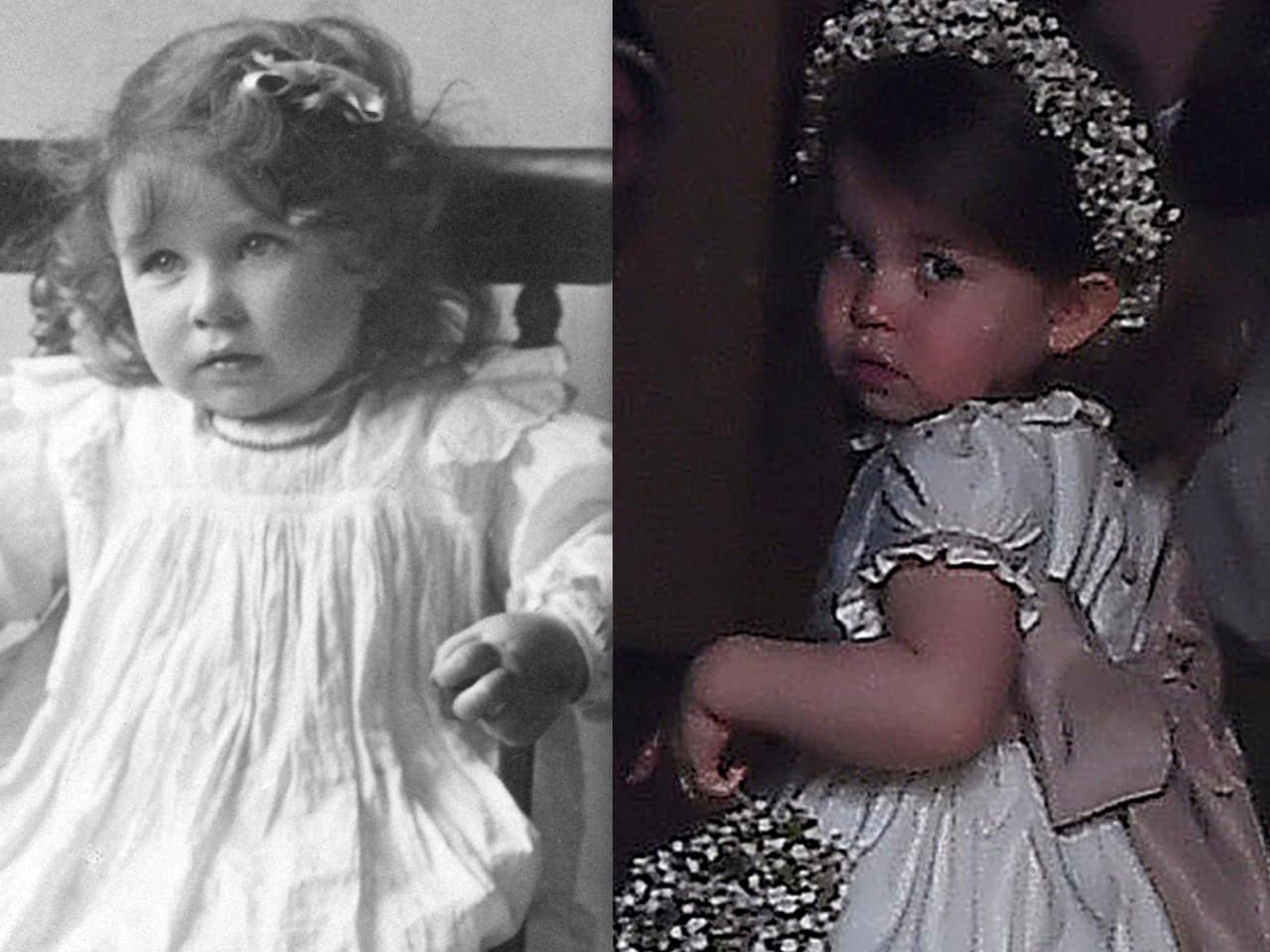 Hace poco la princesa fue paje en la boda de su tía Pippa Middleton y la mirada de la niña era igualita a la de la reina Isabel II en esta foto tomada en 1927.