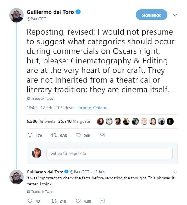 Por su parte Guillermo del Toro, quien ganó dos Oscar en 2018 por ‘La forma del agua’, también se manifestó: “Si me lo permiten, no me atrevería a sugerir qué categorías deben cortarse durante el show de los Oscar, pero la Cinematografía y la Edición son el corazón de nuestro oficio. No son herencia de la tradición teatral o literaria: son el cine mismo”.
<br>