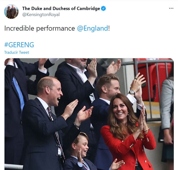 En su cuenta de Twitter, los Cambridge elogiaron la 
<b><a href="https://twitter.com/KensingtonRoyal/status/1409933880312930312" target="_blank">"increíble actuación"</a></b> de la selección.