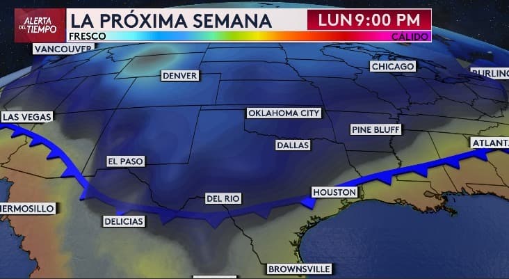 Este frente frío incluso impactará partes del norte de México. Aquí se puede observar cómo para el lunes a las 9PM el frente atravesará casi todo el centro, norte y oeste de Texas,desde ciudades como El Paso hasta Dallas - Fort Worth.