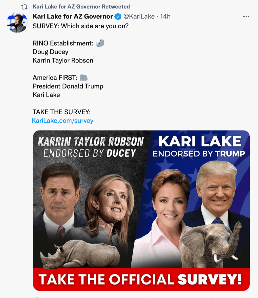 En una publicación Kari Lake pregunta a sus seguidores a quién prefieren si a la apuesta del expresidente Donald Trump o a quien respalada el gobernador republicano Doug Ducey.