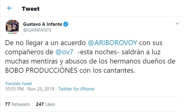 "De no llegar a un acuerdo Ari Borovoy con sus compañeros de OV7, esta noche saldrán a luz muchas mentiras y abusos de los hermanos dueños de BOBO Producciones con los cantantes", aseguró Gustavo Adolfo Infante en 
<b><a href="https://twitter.com/GAINFANTE/status/1199189841839296512" target="_blank">otro tuit</a></b>.